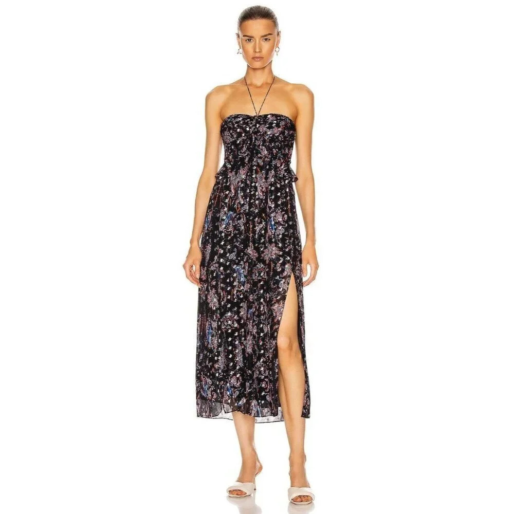 Iro Somov Paisley Lurex Jacquard Halter Midi Dress in Blue 36 Womens Cocktail